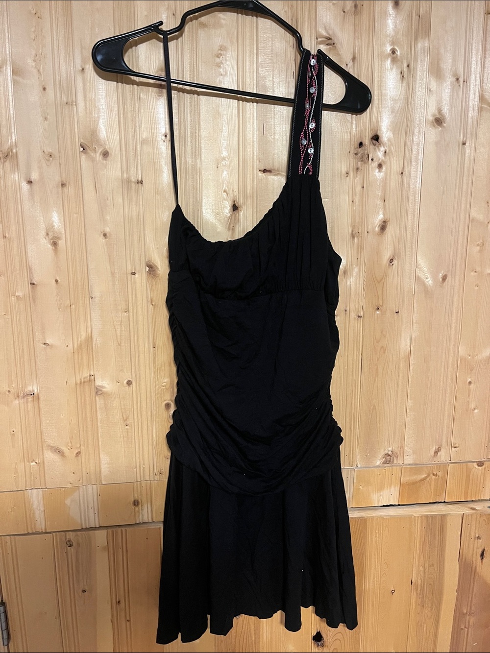 Vintage Free People Black One-Shoulder Dress with Embroidered Strap Detail